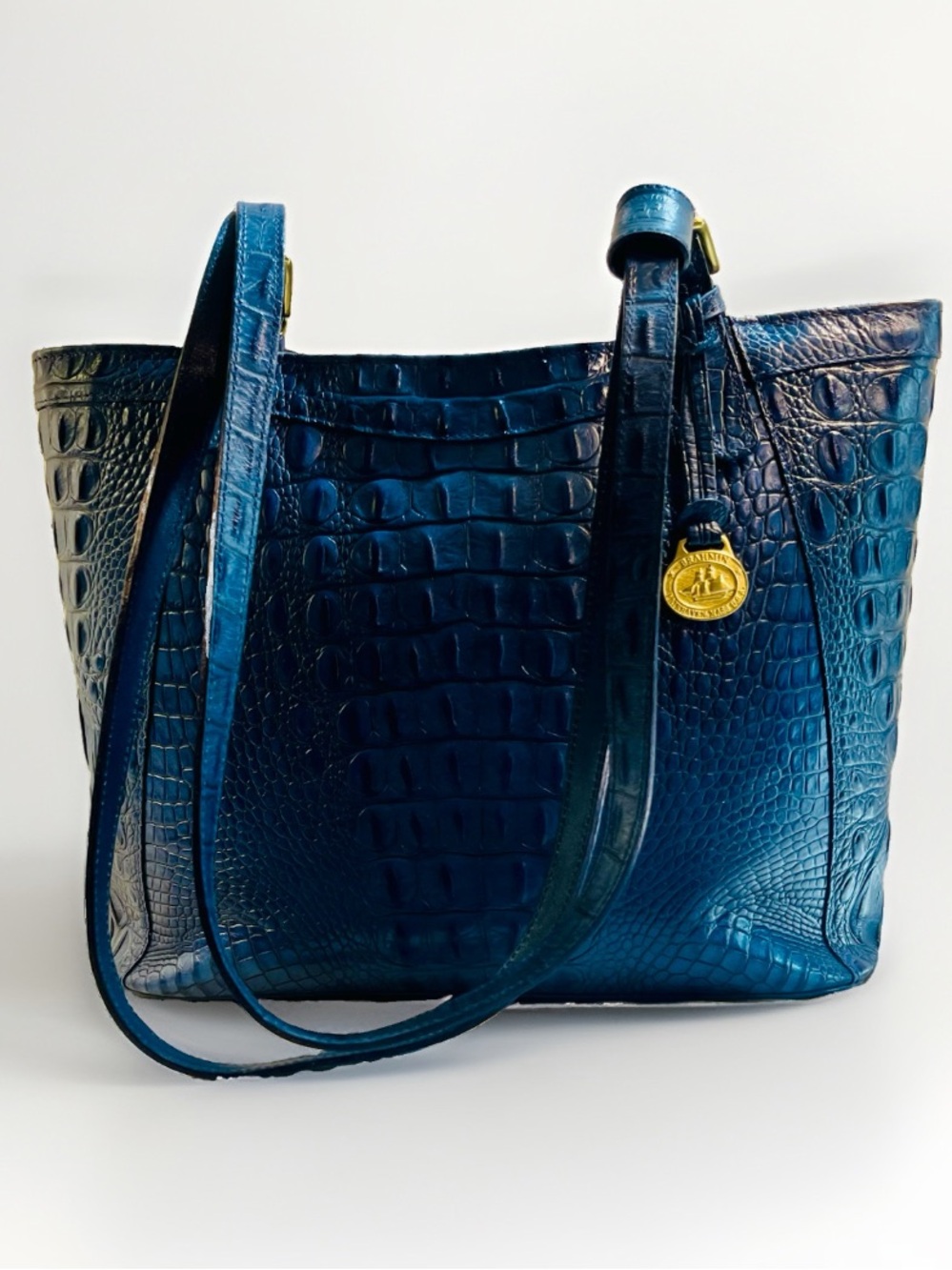 Brahmin Blue Leather Croc-Embossed Satchel Handbag - w/ Orig VTG Registered Card